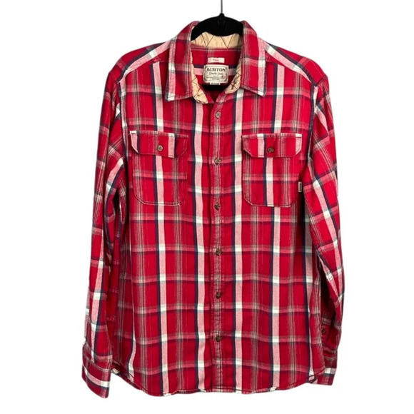 BURTON Mens DryRide Plaid Flannel Shirt Red White Blue Cotton Chest Pockets L - Picture 2 of 13
